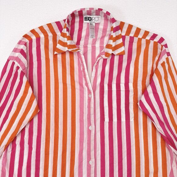 Beach Riot Alexa Top Large XL Striped Pink Orange Oversized Button Up Cover Up - Picture 6 of 12